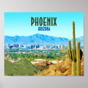 Phoenix Arizona Stadt Kaktus und Berg Vintage Poster