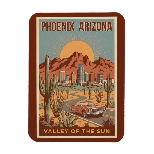 Phoenix Arizona Sun Illustration Travel Art Retro Magnet (Vertikal)
