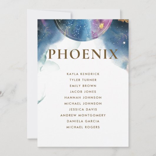 Phoenix Celestial Seating Plan Card mit Gastnamen (Rückseite)