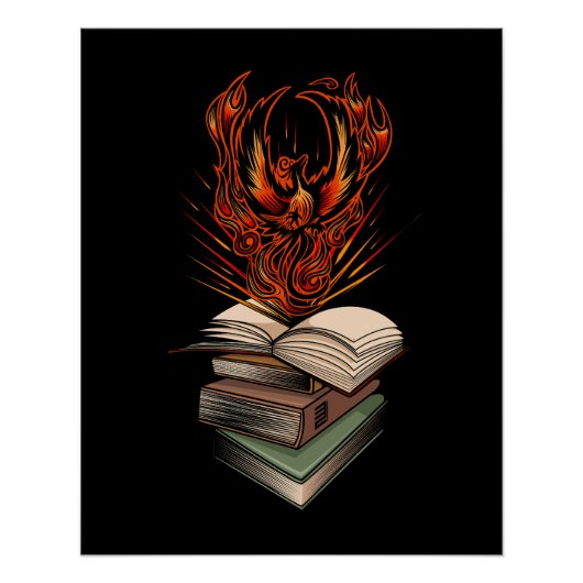 Phoenix Rising From Books Flames Fantasy Magical Poster (Vorderseite)