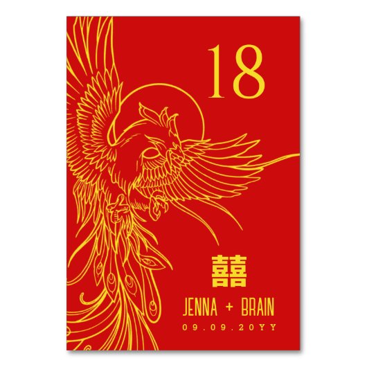 Phoenix Thema Doppeltes Glück | Gold auf Red Tischnummer (Vorderseite)