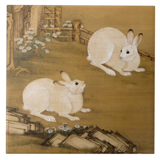 Phoenix Tree & Rabbits Antikes Chinesisches Gemäld Fliese (Vorderseite)