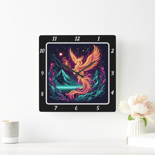 Phoenix über schneebedeckte Gipfel brennen Quadratische Wanduhr (Zuhause)