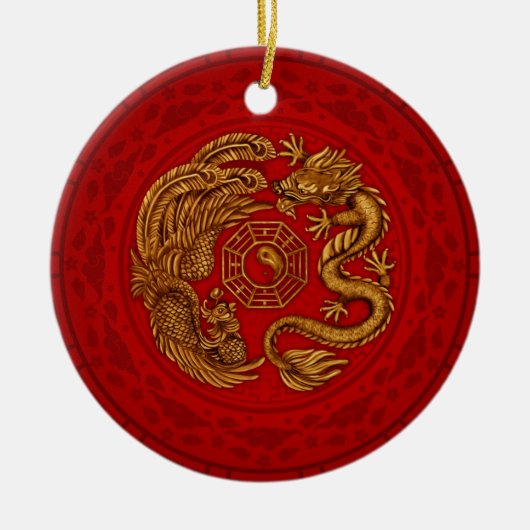 Phoenix und Dragon mit Bagua #4 Keramik Ornament (Vorne)