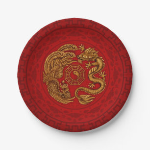 Phoenix und Dragon mit Bagua #4 Pappteller
