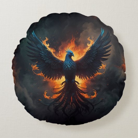 Phoenix-Vogel steigt mit Flammen auf Rundes Kissen (Vorderseite)