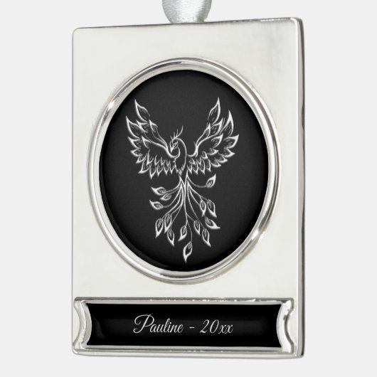 Phoenixanstiege auf schwarz Banner-Ornament silber (Links)