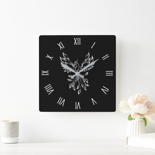 Phoenixanstiege auf schwarz quadratische wanduhr (Zuhause)
