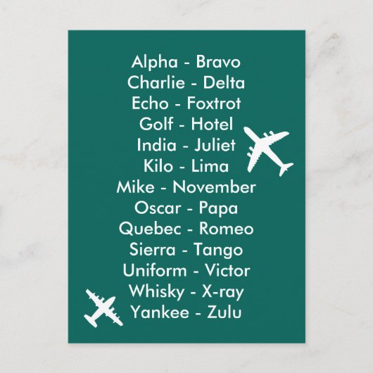 Phonetic Alphabet Aviation Flugzeug Spotters Aero Postkarte (Vorderseite)