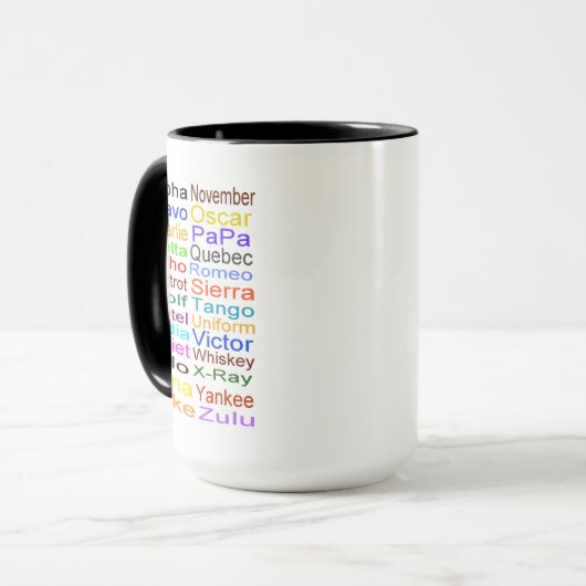 Phonetische Alphabet-Tasse Recht oder Handling Tasse (Vorderseite Links)