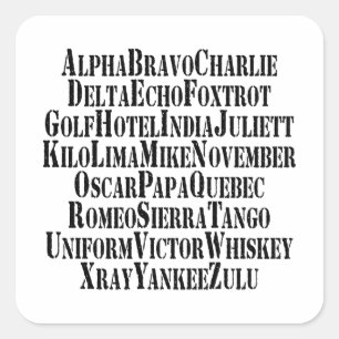 PHONETISCHES ALPHABET / CODEWORTE QUADRATISCHER AUFKLEBER