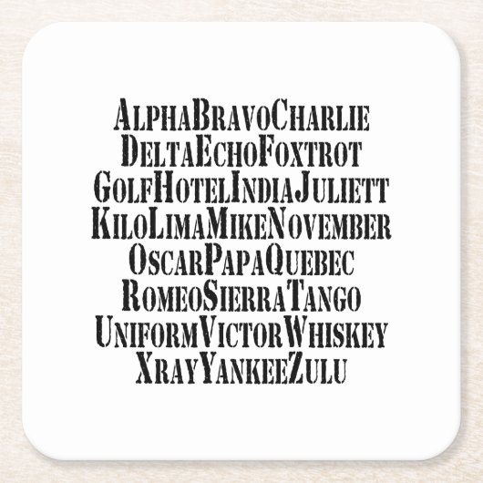 PHONETISCHES ALPHABET / CODEWORTE RECHTECKIGER PAPPUNTERSETZER (Vorderseite)