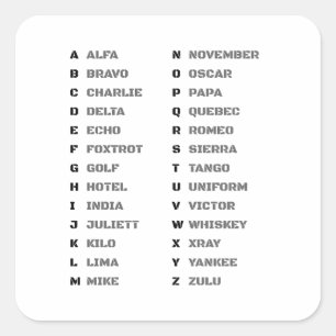 Phonetisches Alphabet Militär ALFA BRAVO CHARLIE Quadratischer Aufkleber