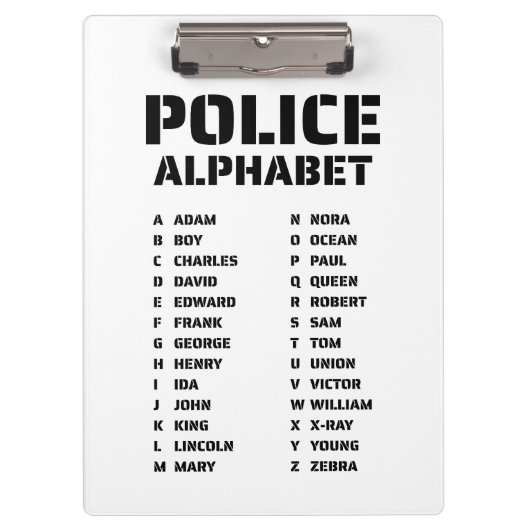 Phonetisches Alphabet Polizei Klemmbrett (Vorderseite)