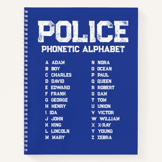 Phonetisches Alphabet Polizei Notizbuch Adam-Zebra (Vorderseite)