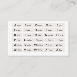 Phonetisches Alphabet Schnellreferenzkarte, Auf-ei Visitenkarte