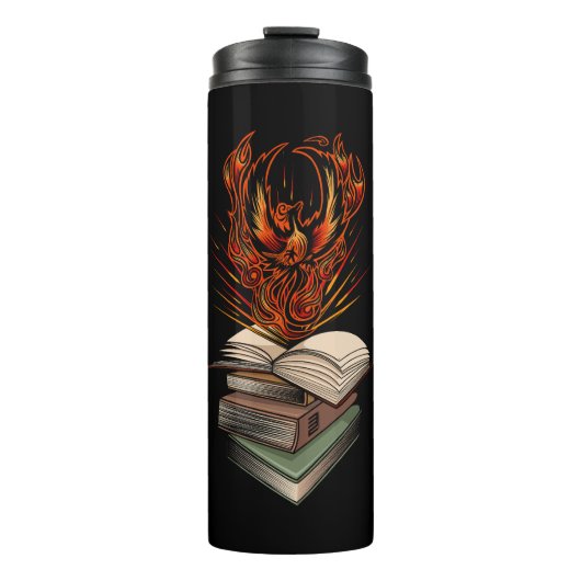 Phönix aus den Flammen der Bücher Fantasy Thermosbecher (Vorderseite)