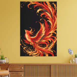 Phönix-Vogel in Rot und Gold – Schwarze Fantasy-Ku Leinwanddruck