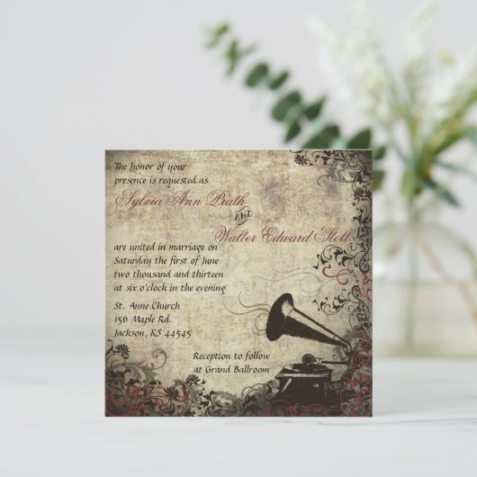 Phonograph Vintage Wedding Einladung (Stehend Vorderseite)