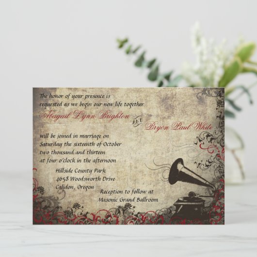 Phonograph Vintage Wedding Einladung Red (Stehend Vorderseite)