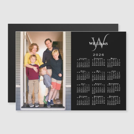 Photo 2026 Calendar Monogram Name Black Magnet (Vorne/Hinten)