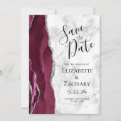 Photo Agate Burgundy Silver Marble Save the Date Einladung (Vorderseite)