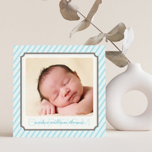 PHOTO BAPTISM modern vintage candy stripes blue Einladung