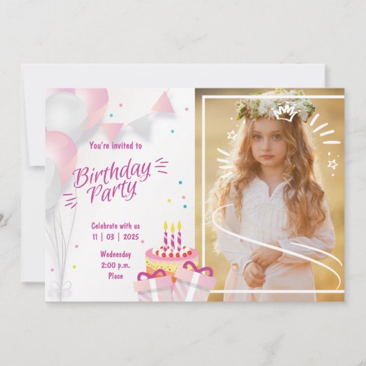 Photo Birthday Invitation with Balloons & Cake Einladung (Vorderseite)
