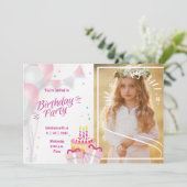 Photo Birthday Invitation with Balloons & Cake Einladung (Stehend Vorderseite)