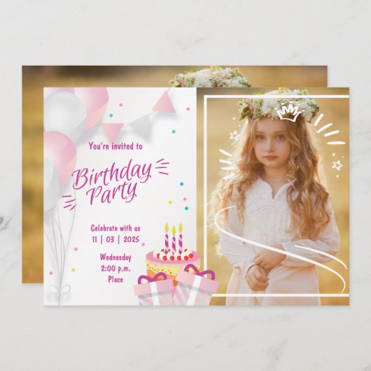 Photo Birthday Invitation with Balloons & Cake Einladung (Vorne/Hinten)