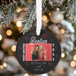 Photo Black and Red Hearts Besties Christmas Ornament