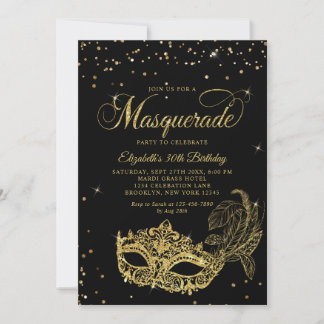 Photo Black Gold Glitter Masquerade Birthday Einladung