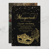 Photo Black Gold Glitter Masquerade Birthday Einladung (Vorne/Hinten)