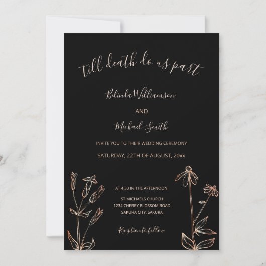 PHOTO | Black Rose Gold Wildflower | Goth Wedding Einladung (Vorderseite)