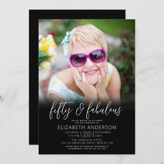 Photo Black White 50 Fabulous Birthday Modern Bold Einladung (Vorne/Hinten)