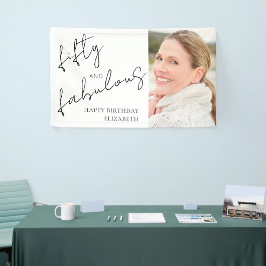 Photo Black White Script Fifty Fabulous Birthday Banner (Messeveranstaltung)
