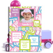 Photo Blocks Pattern First Girls Birthday Party Einladung