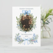 Photo Blue Bow Botanical Christmas Feiertagskarte (Stehend Vorderseite)