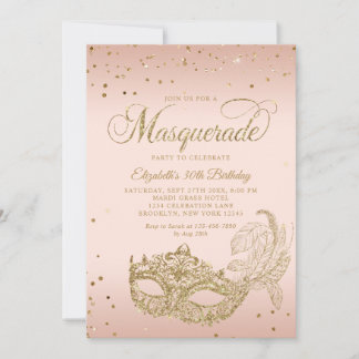 Photo Blush Pink Gold Glitter Masquerade Birthday Einladung
