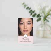 Photo Blush Pink Script Black Logo QR Code Makeup Visitenkarte (Stehend Vorderseite)