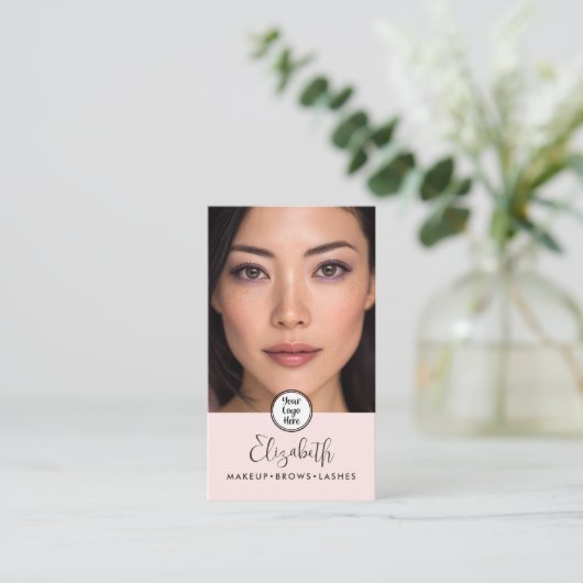 Photo Blush Pink Script Black Logo QR Code Makeup Visitenkarte (Stehend Vorderseite)