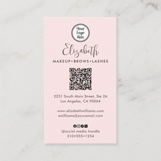 Photo Blush Pink Script Black Logo QR Code Makeup Visitenkarte (Rückseite)