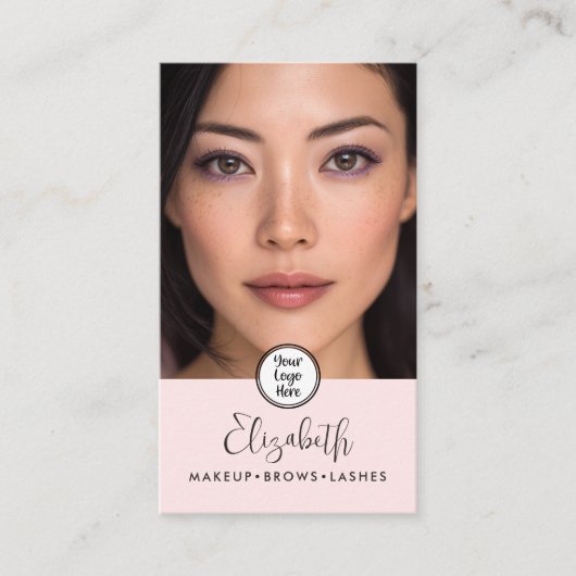Photo Blush Pink Script Black Logo QR Code Makeup Visitenkarte (Vorderseite)