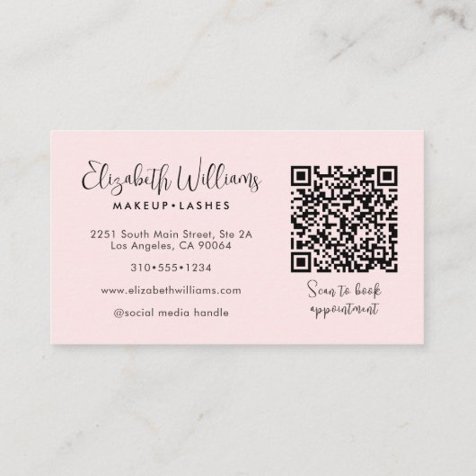 Photo Blush Pink Script Black QR Code Makeup Chic Visitenkarte (Rückseite)