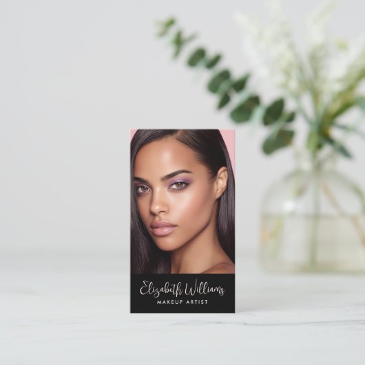 Photo Blush Pink Script Black Social Icon QR Code Visitenkarte (Stehend Vorderseite)