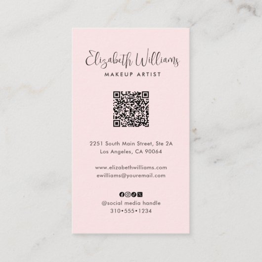 Photo Blush Pink Script Black Social Icon QR Code Visitenkarte (Rückseite)