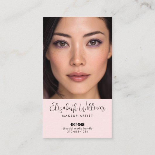 Photo Blush Pink Script Social Icon QR Code Makeup Visitenkarte (Vorderseite)