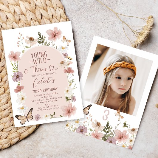 Photo Blush Wildflower Young Wild Three Birthday  Einladung