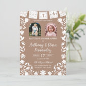 Photo Boho Brown Cielito Lindo Twins Baptis Einladung (Stehend Vorderseite)