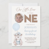 Photo Brown Blue Balloons Beary First Birthday Einladung (Vorderseite)